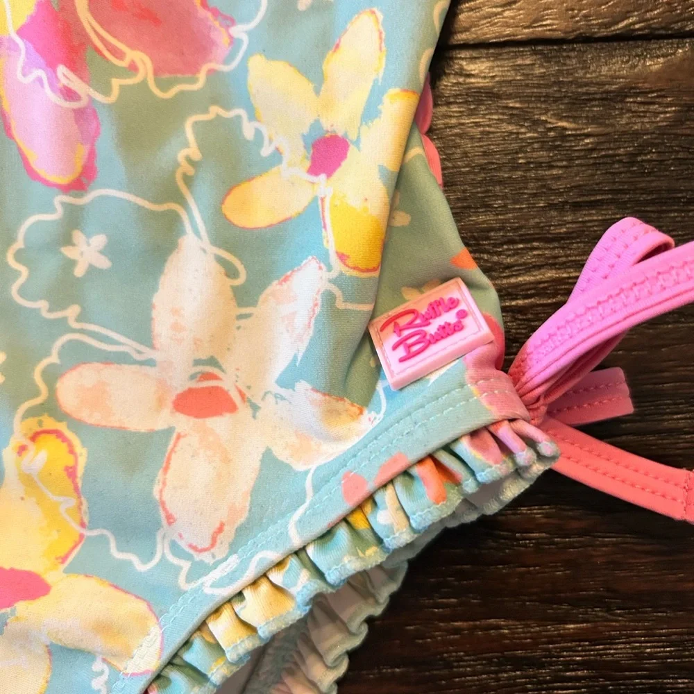Ruffle Butts Pastel Pink / Aqua Floral Long Sleeve One piece Swimsuit Rash Guard